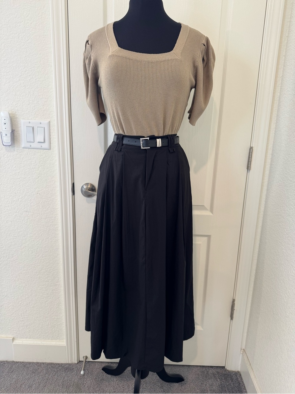 Two Piece Classic Black Midi Skirt with Belt and Knitted Top